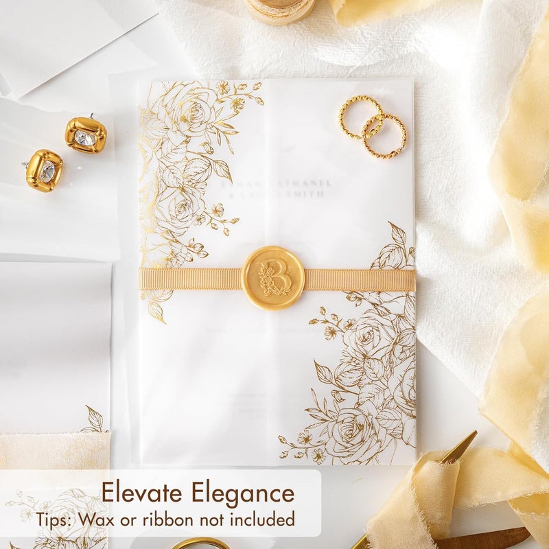 AZAZA 50 Pack Pre-Folded Vellum Jackets for 5x7 Invitations, Gorgeous Translucent Invitation Sleeves,115GSM Vellum Jackets 5x7, Wedding Invitation Accessories,for Weddings Birthdays,Golden Roses - Image 3